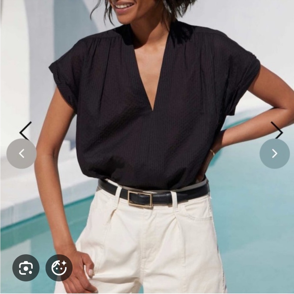 AYR The Daybreak Top Black V-Neck Textured Short Sleeve Women's Top